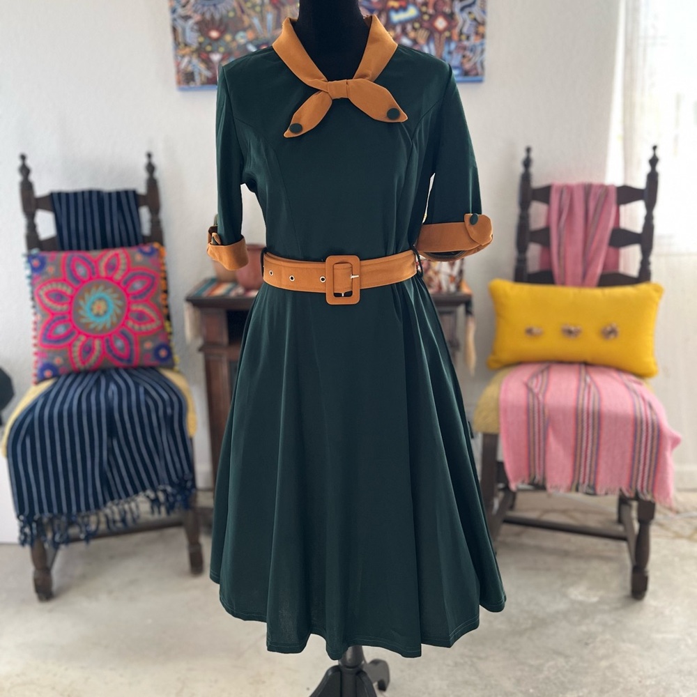 Pin Up Green and Tan Dress